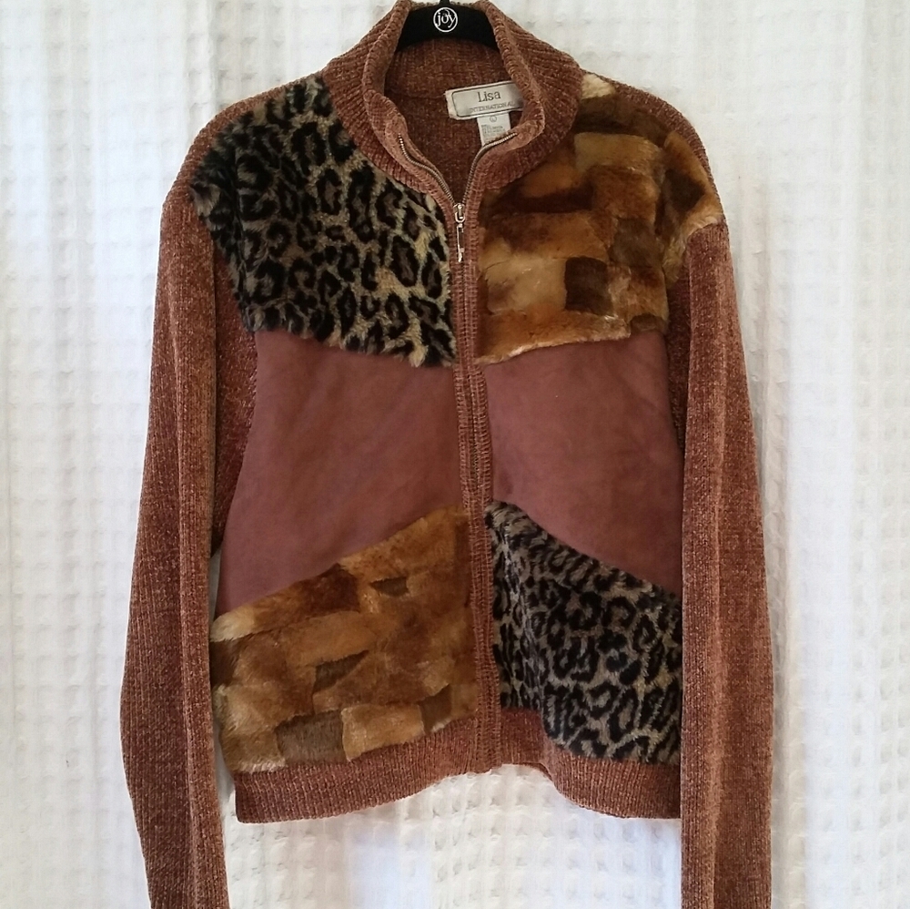 Lisa International Brown Patchwork Faux Fur & Knit Zip-Up Cardigan